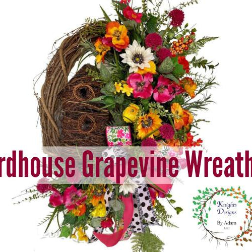 birdhouse grapevine wreath with spring and summer flowers tutorial