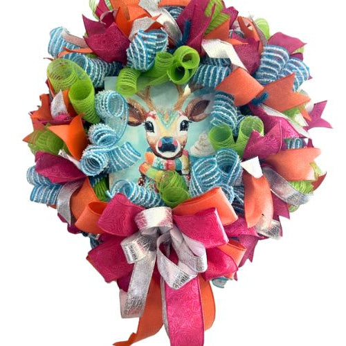 colorful deco mesh wreath with the new exclusive Cozy Reindeer Sign from Trendy Tree