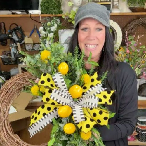 grapevine wreath with lemons, and lemon floral centerpiece
