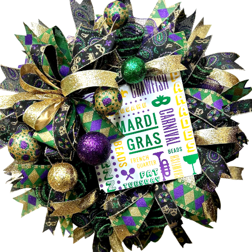 mardi gras wreath made by ruffle technique with deco mesh, ribbons, sign and glitter ball picks