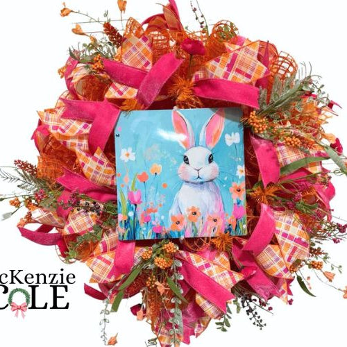 whimsical Easter wreath with neon bunny sign