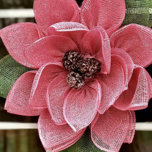 pink magnolia wreath made of poly burlap