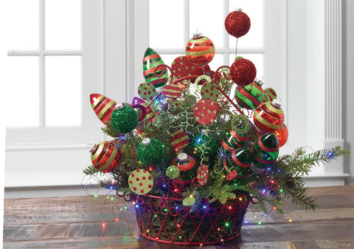 Multicolored Basket Centerpiece from RAZ Using Tiny String Lights