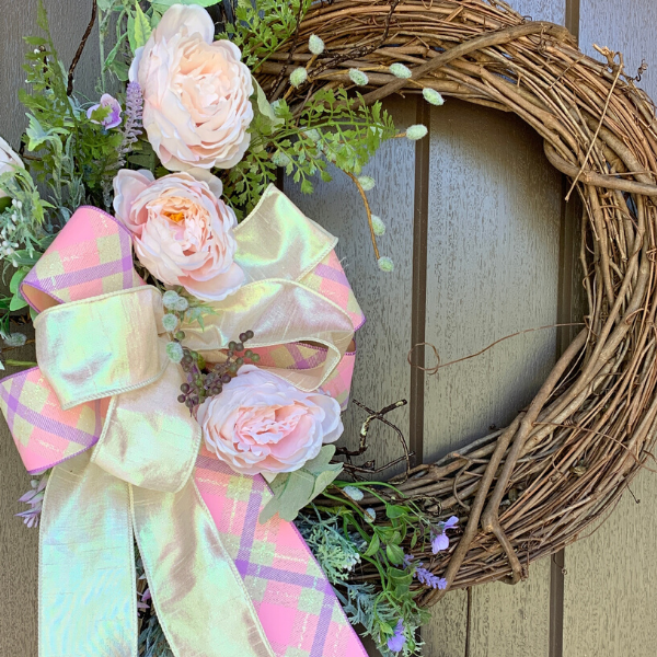 Spring Grapevine Wreath with Florals and Happy Easter Sign