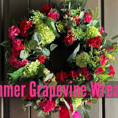 spring summer grapevine wreath with geraniums and hydrangeas
