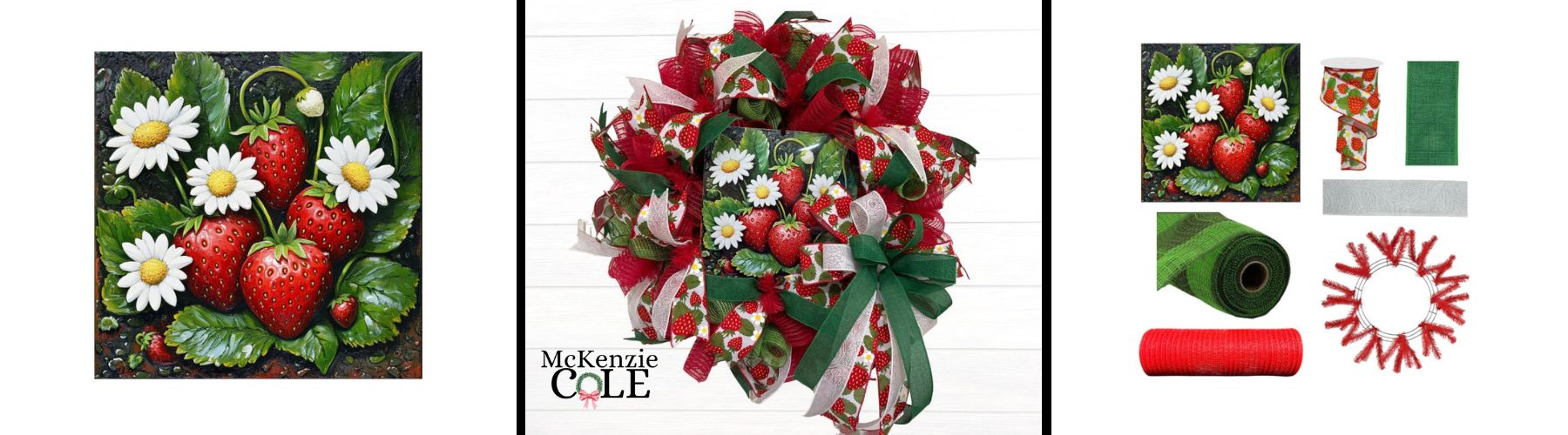 summer mesh wreath with a strawberries and white daisies sign
