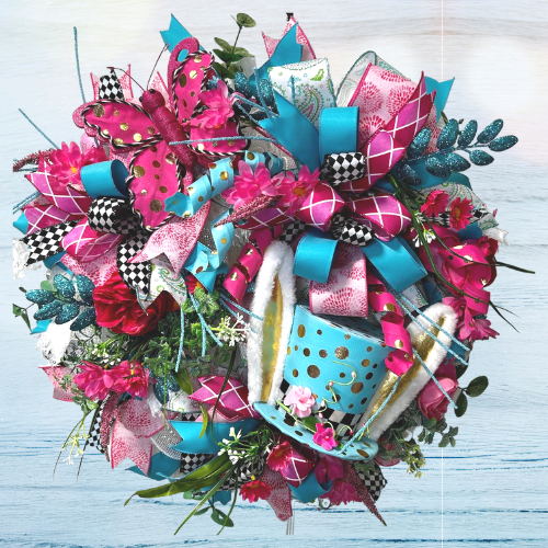 whimsical easter wreath with blue polka dot top hat