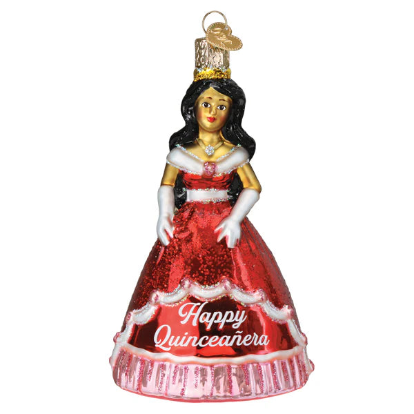 Celebrate with the La Quinceanera Ornament by Old World Christmas (10248), featuring a girl in a red ball gown with "Happy Quinceañera" on her skirt, long dark hair, crown, white gloves, and jeweled necklace. Perfect for festive décor!.