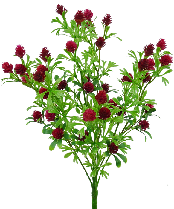 The 15 Red Plastic Berry Bush with 5 Stems (13370RD) showcases a cluster of red artificial flowers and green leaves, mimicking a natural plant. Its vibrant green and deep red colors create a lush, lively contrast.