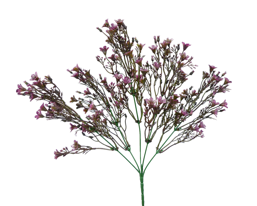The 14 Purple Plastic Wax Flower Bush (13539PU) features five stems with delicate pink blooms, creating a sparse and airy look against a black background, capturing a light and ethereal essence.