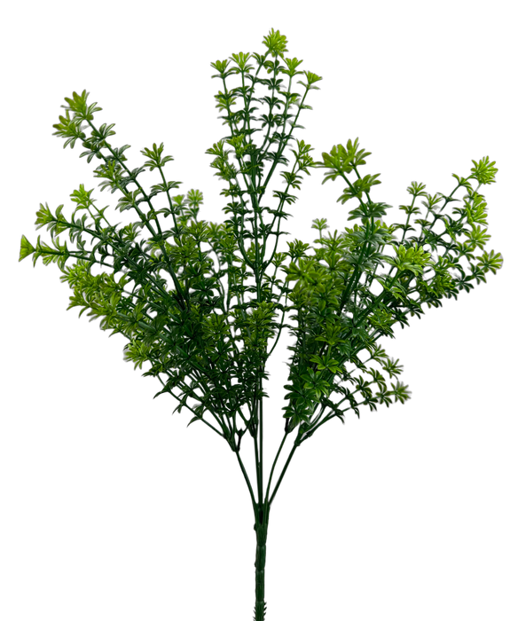 The 20 Green Plastic Bush 7 Stems 13604GN features green stems and small, leafy branches, creating a realistic look against a solid black background.
