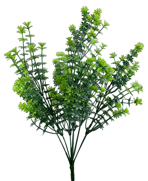 The 20 White Plastic Bush, featuring 7 stems, is showcased against a solid black background. Its vibrant green leaves spread fan-like, offering a fresh and lively appearance.