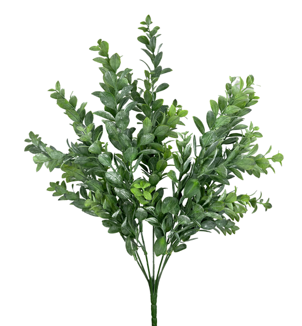 The 21 Green Plastic Laurel Leaves Bush with 7 Stems (13628GN) showcases a vivid green hue and smooth, natural-looking leaves, perfectly mimicking a lush shrub against a white backdrop.