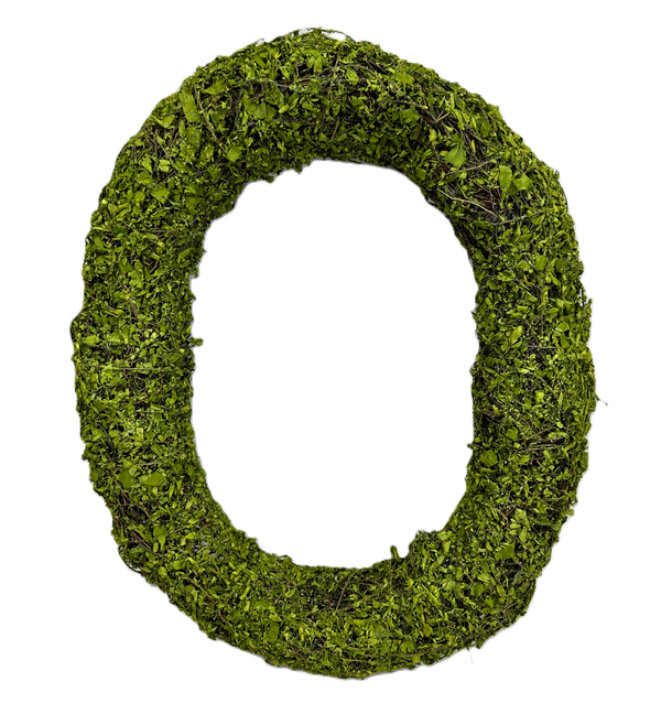 The H18xW15 Green Moss Oval Wreath 13655GN features a textured design of green leaves and moss, creating a striking piece of natural home decor on a white background.