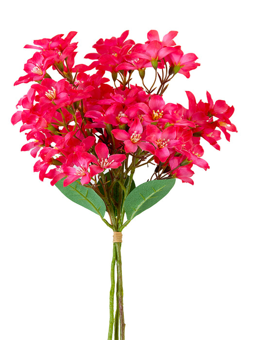 A bouquet of vibrant hot pink flowers with green leaves, resembling the 18 Hot Pink Crabapple Bundle (Item: 2285236HP), featuring multi-petal blooms with small white centers tied together with twine against a plain white background.