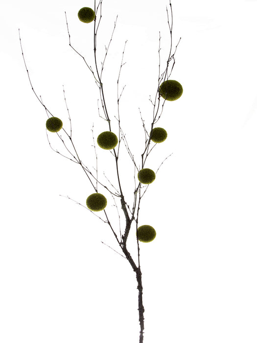 The 51 Green Branch with Moss Balls (2720069GR) features round, green moss balls on a slender branch against a plain white background, creating a striking minimalist contrast.