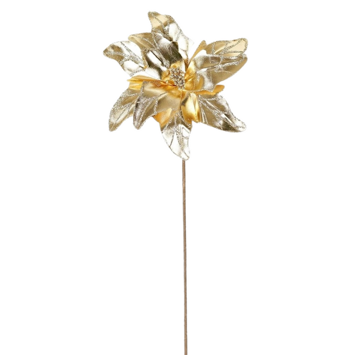 The 25 by 11 Gold Metallic Geo Tile Poinsettia 28170 features decorative gold petals and leaves with geometric tile patterns on a long, thin stem, perfect for adding an elegant touch to your décor.