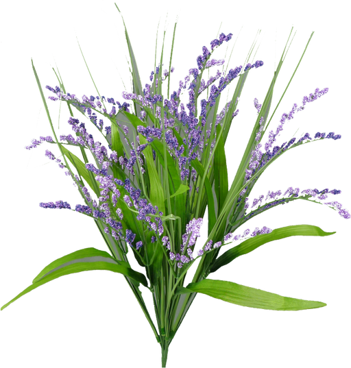 A bouquet of 24" Purple Foxtail Bush 30626PU arranged with lush green leaves, artistically set against a pristine white background.
