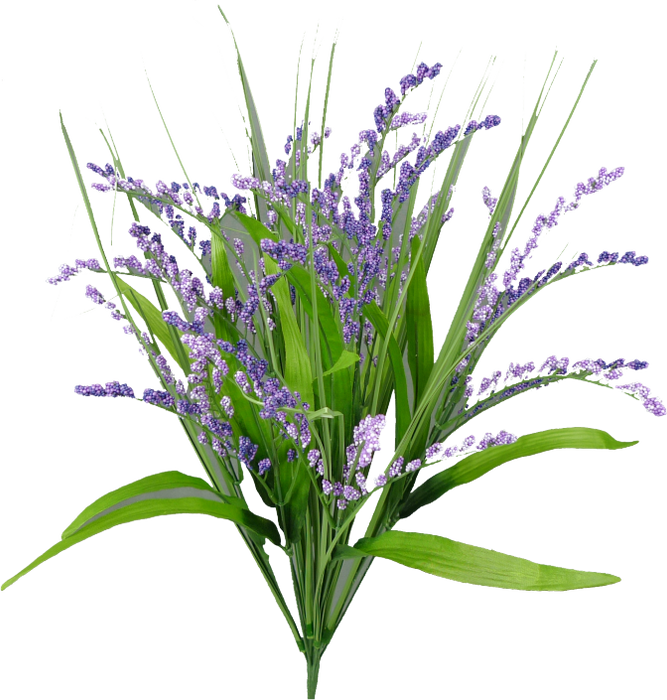 A bouquet of 24" Purple Foxtail Bush 30626PU arranged with lush green leaves, artistically set against a pristine white background.