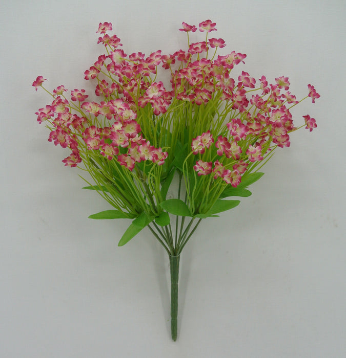 The 15 Green and Pink Mini Flower Bush 32022-GNPK features small pink and white flowers with lush green leaves and stems, elegantly displayed against a plain white background.