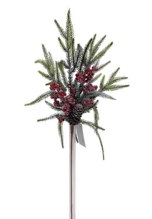 The 25 Green and Red Pine Berry Cone Spray 32124 features green pine needles, red berries, and a pine cone on a long stem, set against a plain white background.
