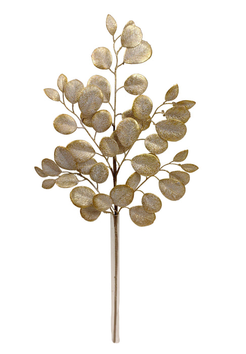 The 29 Gold Eucalyptus Leaf Spray 32140 features round, gold and silver metallic leaves on slender stems with textured, glittery foliage—perfect for eye-catching decor against any plain background.