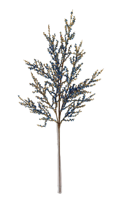 The 30.5 Blue and Gold Iced Twig Spray (32146-BLGD) features multiple slender stems adorned with small blue and gold flowers, displayed against a plain white background.