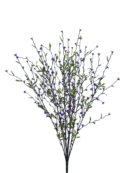 The 22 Purple Twig Flower Spray 35070PU features slender branches with small green leaves and numerous tiny purple flowers, beautifully arranged in a fan shape against a plain white background.