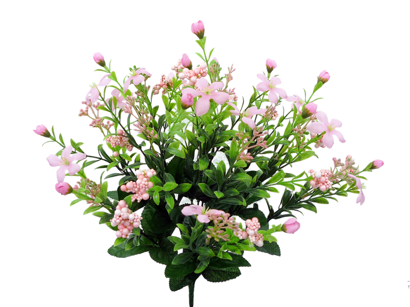 The 18 Pink Star Flower Berry Spray (35094PK) features delicate pink flowers, star blooms, small buds, and green leaves. Its soft pale pink hue and berry spray create an elegant and vibrant display against a white background.