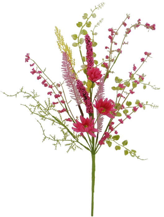 The 18 Daisy Heather Pick 40001-BG features a vibrant arrangement of artificial flowers with hot pink blossoms, green leaves, and delicate branches, creating a colorful and lively bouquet.