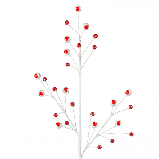 The 28" Red and White Ball Spray 40045 showcases white stems accented with small red and white berries, offering a striking appearance. This decorative branch stands out against the plain white background, emphasizing the vibrant contrast of its colorful berries.