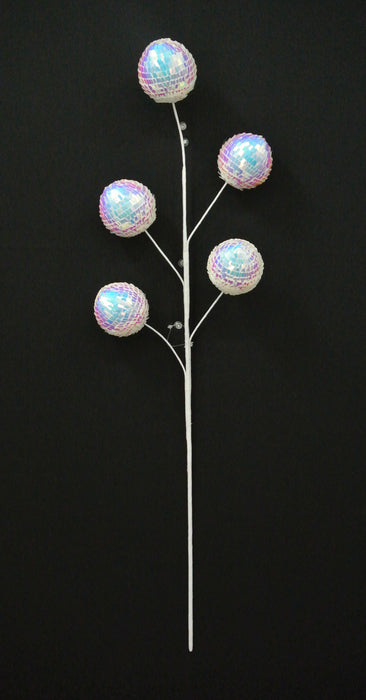 The 27.5 White Sequin Ball Spray 40240-WT features five iridescent mosaic-patterned sequin balls on a decorative white stem, arranged like flower buds for a striking accent against a black background.