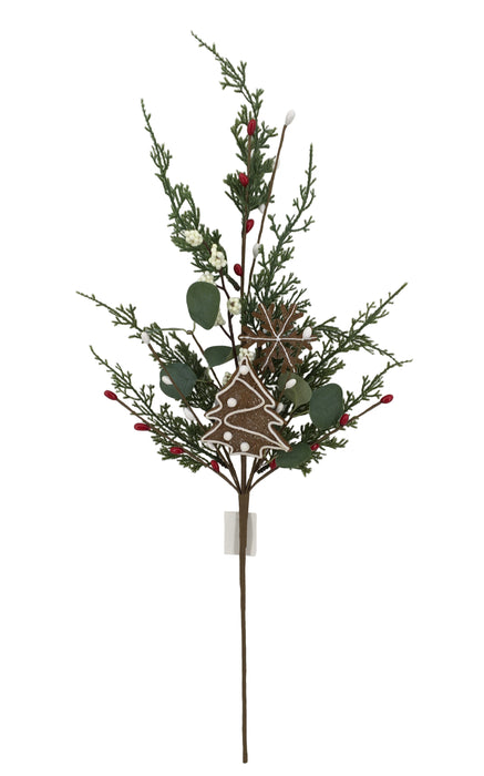 The 30 Green and White Mixed Pine Snowflake 40306 features green pine branches, red berries, white accents, eucalyptus leaves, and mixed pine snowflake gingerbread ornaments including a Christmas tree and snowflake on a plain white background.