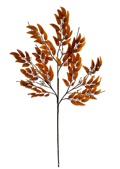 The 32 Orange Seed Eucalyptus Spray 40319-OR features multiple stems with orange-brown, elongated leaves clustered together, shown against a plain white background.