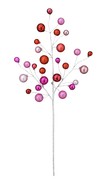 The 30 Pink, Hot Pink and Red Glitter Mixed Ball Spray 40339-PKBTYRD showcases silver stems with pink, hot pink, and red glittery balls, arranged elegantly against a plain black background.