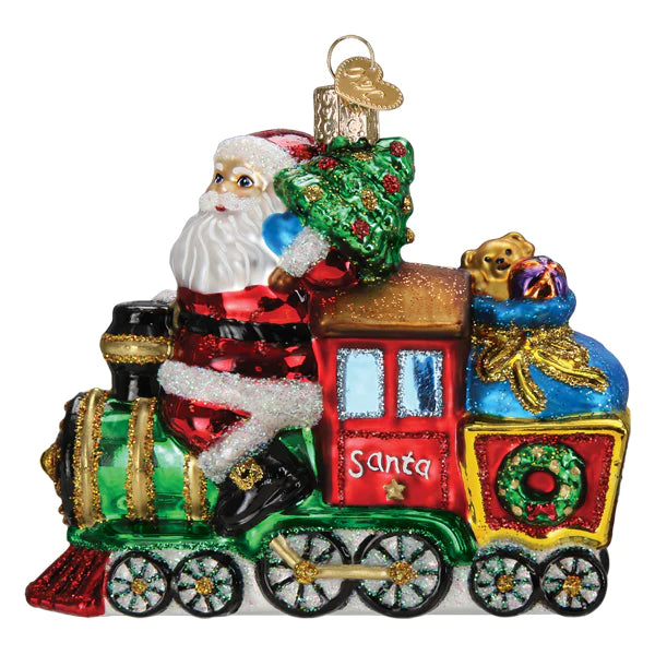 The Santa on Locomotive Old World Christmas Ornament 40341 features Santa riding a festive train with a decorated tree, gifts, and teddy bear. This red, green, and blue ornament sparkles with “Santa” on the side for holiday cheer.