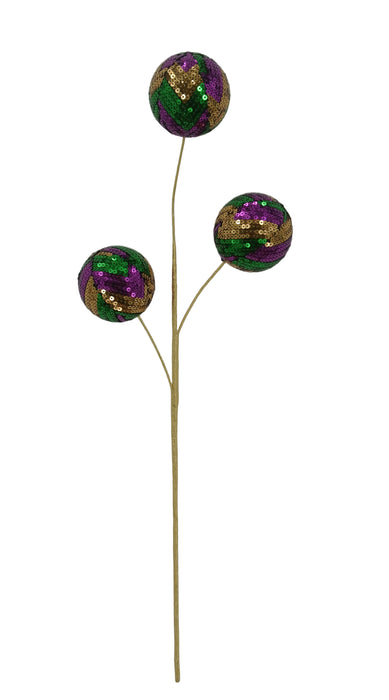 The 26 Gold, Green and Purple Sequin Ball Spray (40353-GOLDGNPU) features three sequin-covered round ornaments on a decorative gold stem, perfect for festive decor.