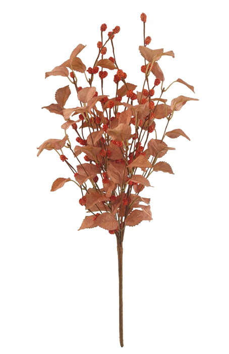 The 21 Fall Birch Berry Spray 40373 is an artificial branch with reddish-orange leaves and orange berry clusters, perfect for adding a touch of autumn color to any space with a plain, light background.