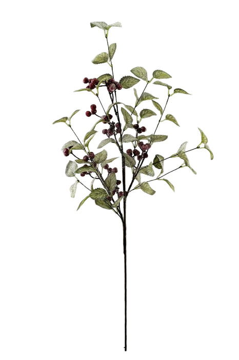 A 32 Frosted Viburnum Berry Spray 40377 with green leaves and clusters of small, dark red berries set against a plain light gray background.