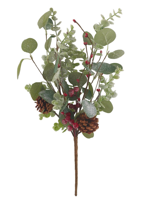 The 20 Green and White Frosted Eucalyptus Spray 40379 features green leaves, white frosted accents, red berries, and two brown pine cones on a single stem, shown against a plain white background.