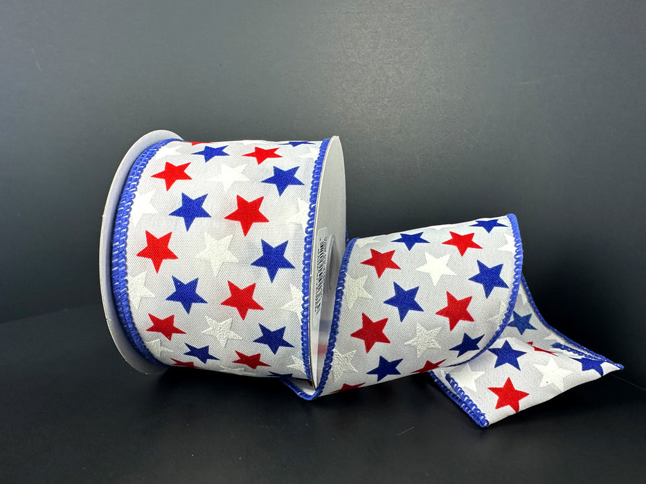 The 2.5X10Y White Blue Red White Satin Stars Ribbon (41501-40-25) showcases red, white, and blue stars on gray. The edges have elegant blue stitching on a dark base for a striking look.
