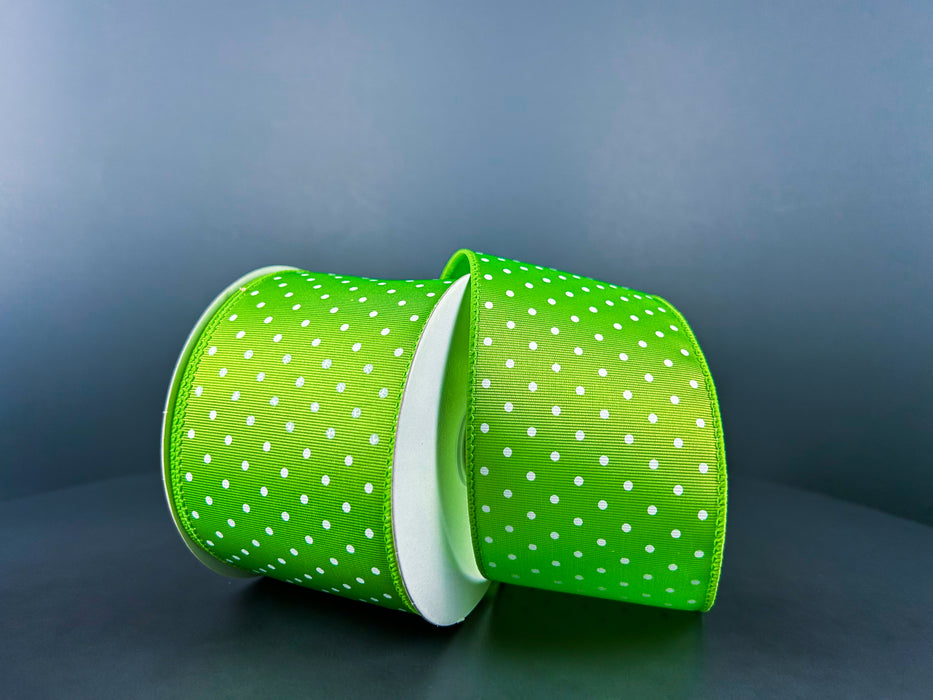 2.5"X10Y Lime Ribbed Satin/White Microdots Ribbon 42419-40-09