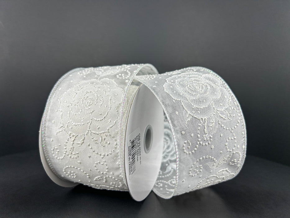 A pair of spools featuring White Sheer/White Rose-Pearl Dots, sized 2.5X10Y 42458-40-01, are gracefully set against a dark gray background.