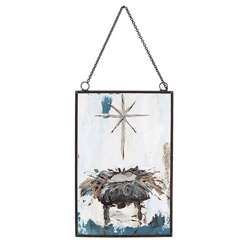 The 6 Baby Jesus in Manger Ornament 4312518 is a rectangular hanging sign with a painted nativity scene, featuring Baby Jesus in a hay-filled manger and a shining star on a white and blue background.