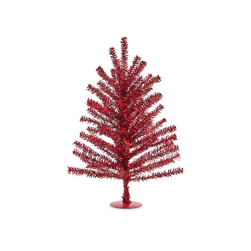 An 18" Red Tinsel Tree (Product Code: 4315618) stands against a plain white background, showcasing its small size, metallic red finish, and minimalist design. The branches are sparsely arranged for a festive and modern appearance.