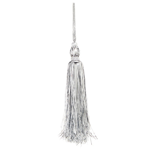 The 11 Tinsel Tassel Ornament 4316136 features long, shiny silver strands and a top loop for hanging, adding a festive touch to your décor.