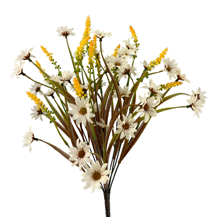 An 18 Daisy Filler Bush features 14 stems of cream daisies with dark centers and small yellow flowers with green stems against a black background, enhancing its natural, rustic appeal.