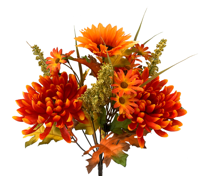 The 13 Orange Mum Sunflower Bush (56690OR) features 10 stems of sunflowers, chrysanthemums, and daisies vibrant with orange and red hues. Accented by green foliage and autumn leaves, this lush arrangement brings a rich floral gradient to any setting.