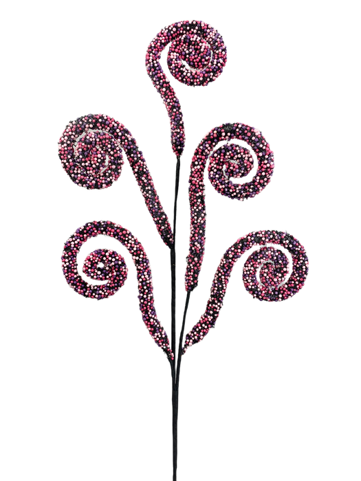 A decorative arrangement showcases the 28" Spiral Curly Spray with 3 Stems in Pink and Purple (Product ID: 56985PKPU), set against a black background. Its elegant stems display five spirals, with four gracefully curving outward and one at the center extending upward, forming a striking centerpiece.