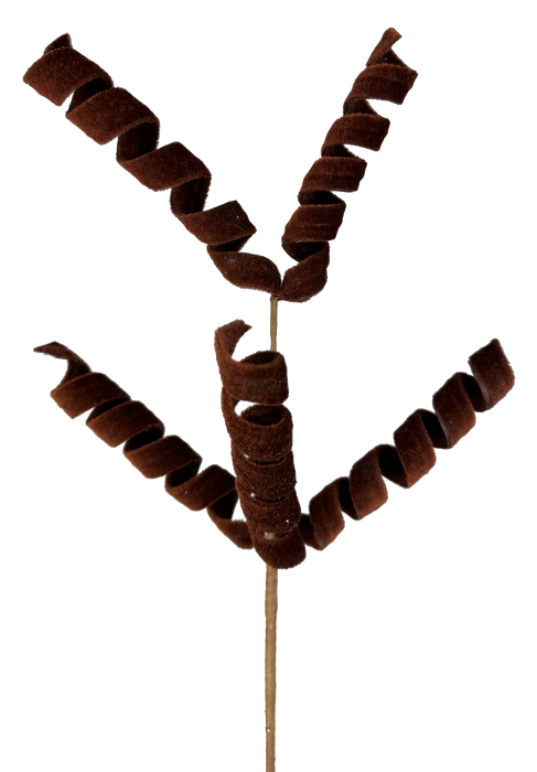 The 16 Chocolate Frizzy Curly Pick with 5 Stems (57063CHO) features five spiral, fuzzy brown stems branching from a brown stick, resembling curly ribbons or coiled caterpillars against a black background.